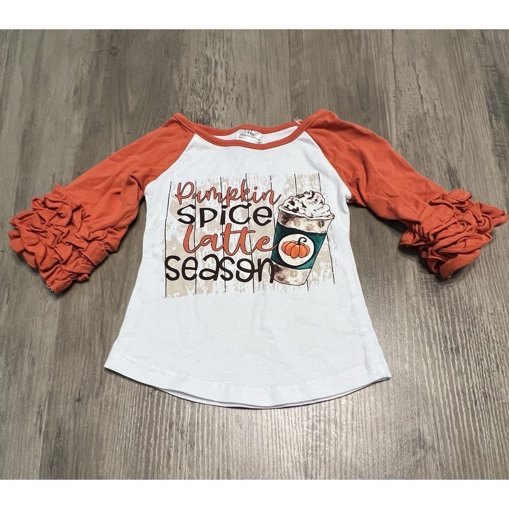 Boutique Girls Pumpkin Spice Latte Fall Shirt Top XXS 18-24 mos Ruffle Sleeves‎